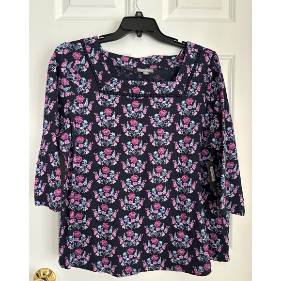 Style & co Navy Blue Floral Multi-Color Top with 3/4 Sleeve Plus Size 1X/2X/3X - Picture 2 of 5